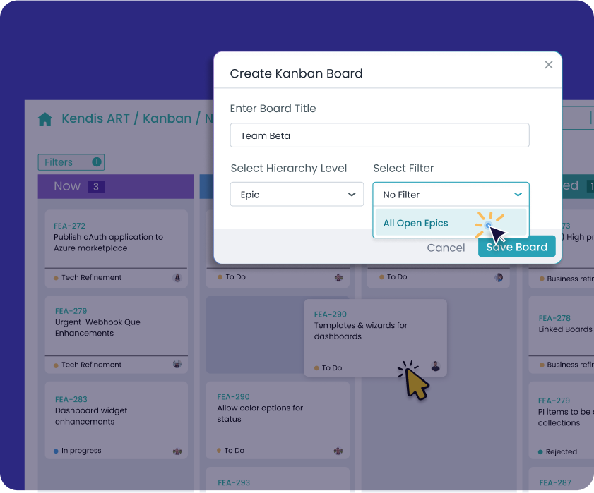 Kanban Board displaying interface for creating Kanban boards in kendis