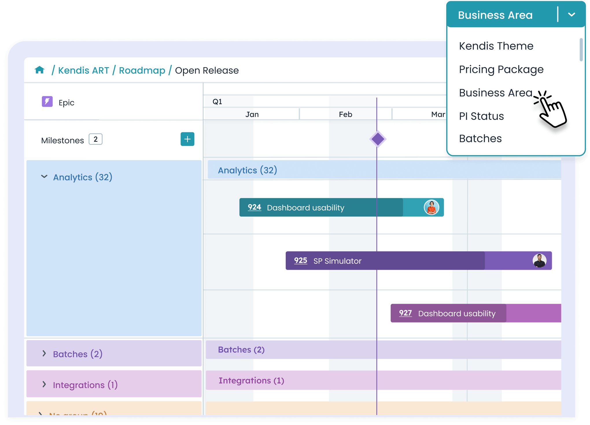 Portfolio roadmap view with advanced grouping filter based on projects, teams, departments and programs
