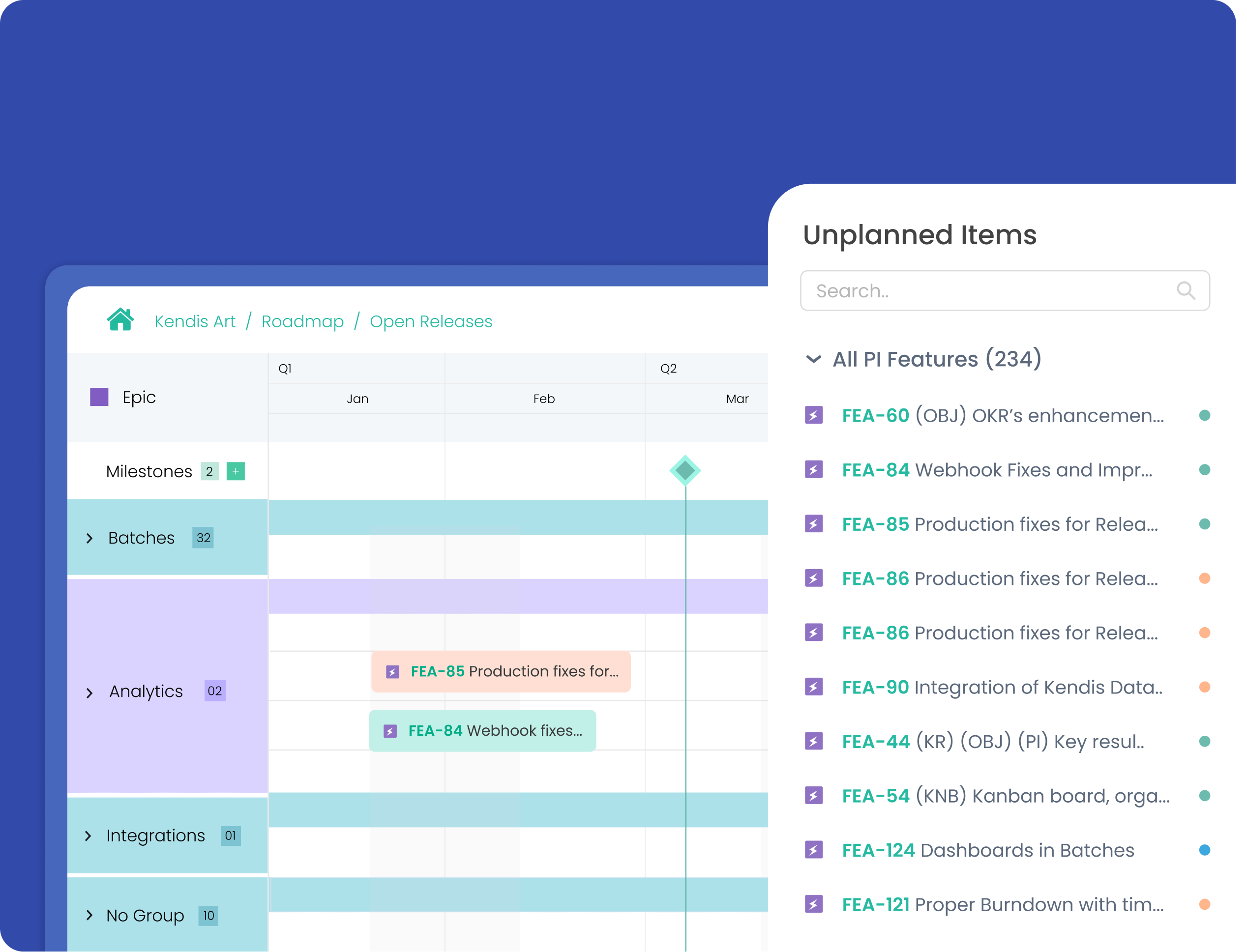 Kendis Roadmap Software showing epics view with planned and unplanned items