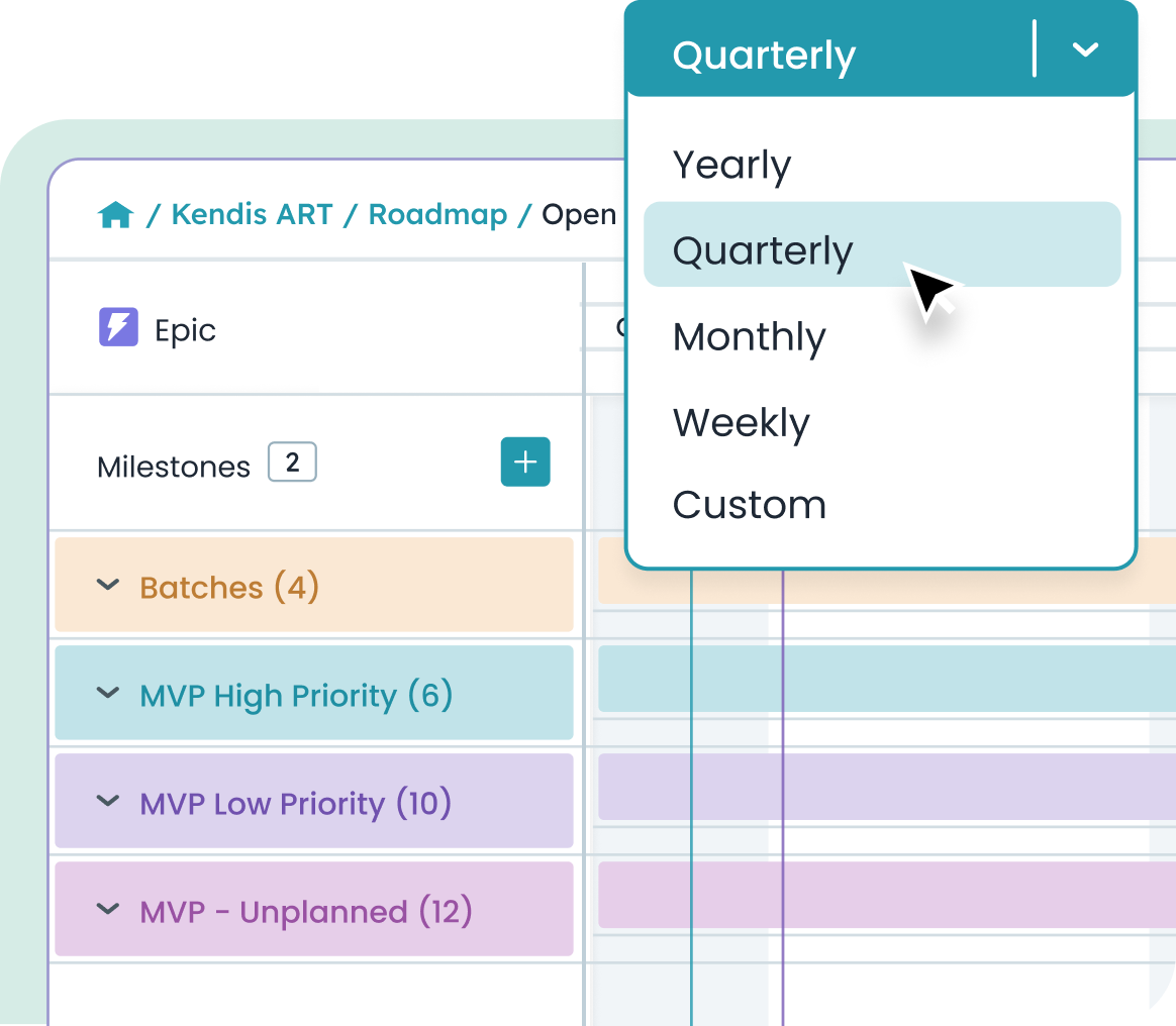 Zoom in capability of roadmap by months, quarters, years or custom timeframes