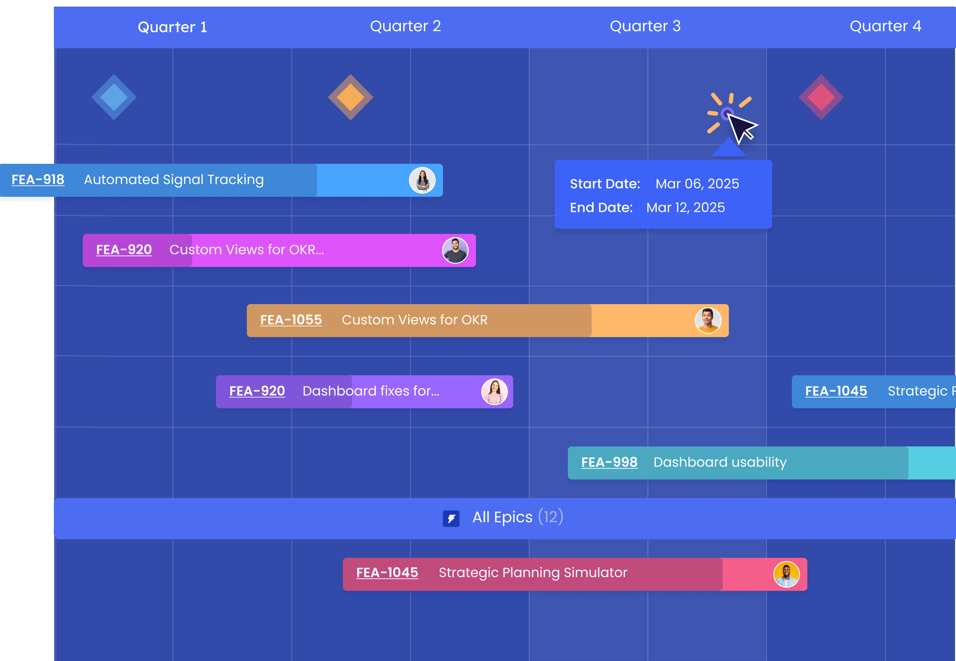 Visual roadmap interface showing quarterly product delivery, feature tracking, and milestones in a product roadmap software.