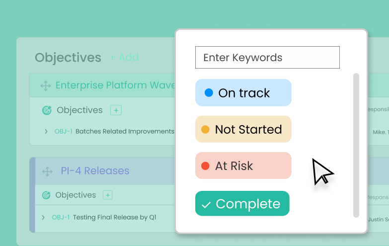 Visual indicator representing live objective status updates in a strategic theme view